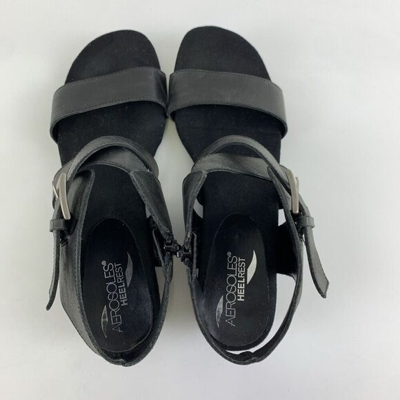 Aerosoles Propryetor Heel Rest Wedge Sandals Black Leather Buckle Zip Womens 9 - Picture 7 of 14